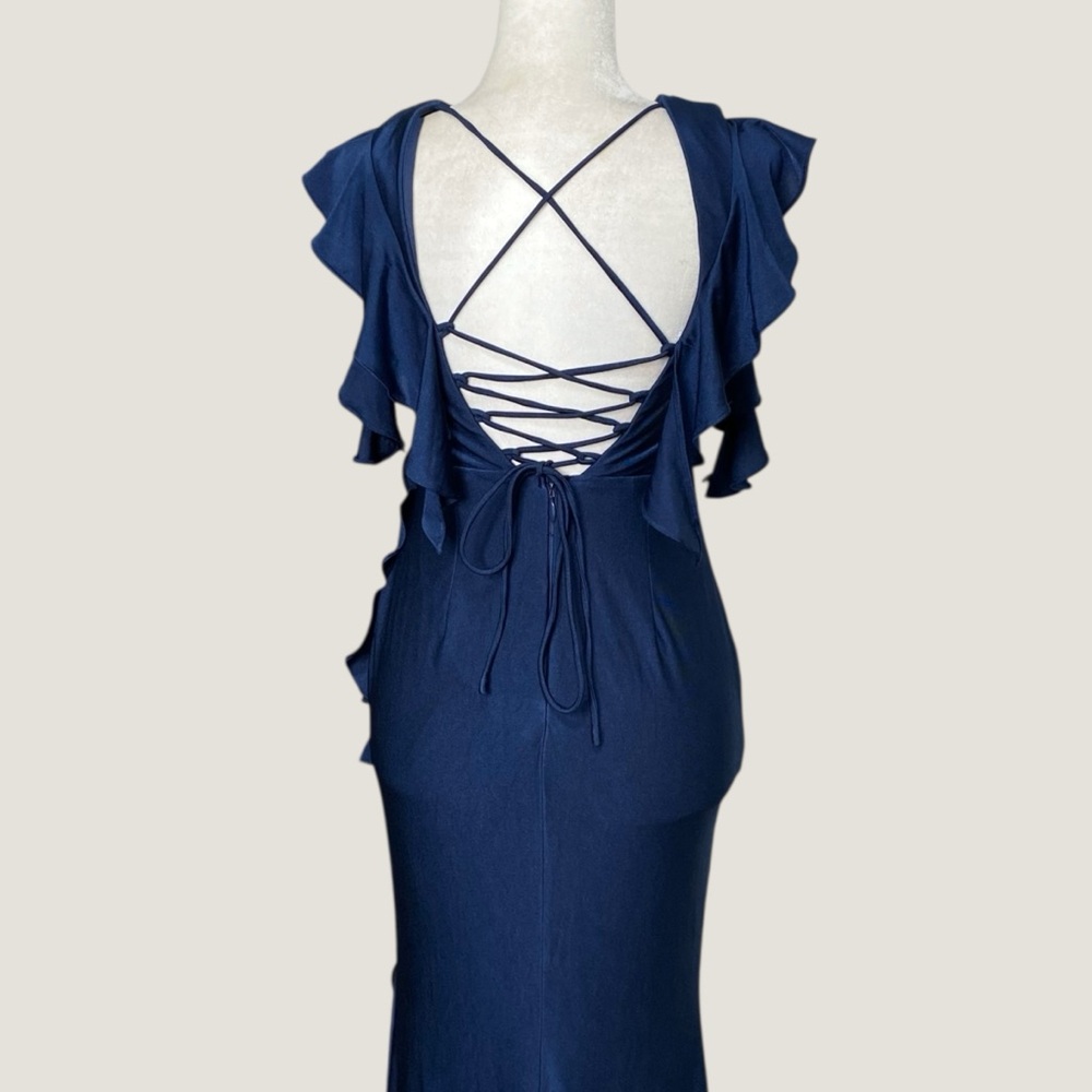 Navy Ruffle Corset Maxi Stretch Gown Dress Formal Slit Lace Up Back V Neck Sz XS - Picture 10 of 14